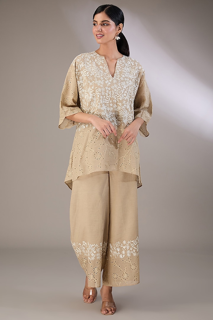 Beige Handloom Cotton Thread Embroidered Top by Peachoo