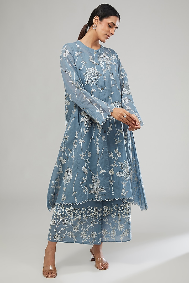 Blue Handloom Cotton Thread Embroidered Jacket by Peachoo at Pernia's Pop Up Shop