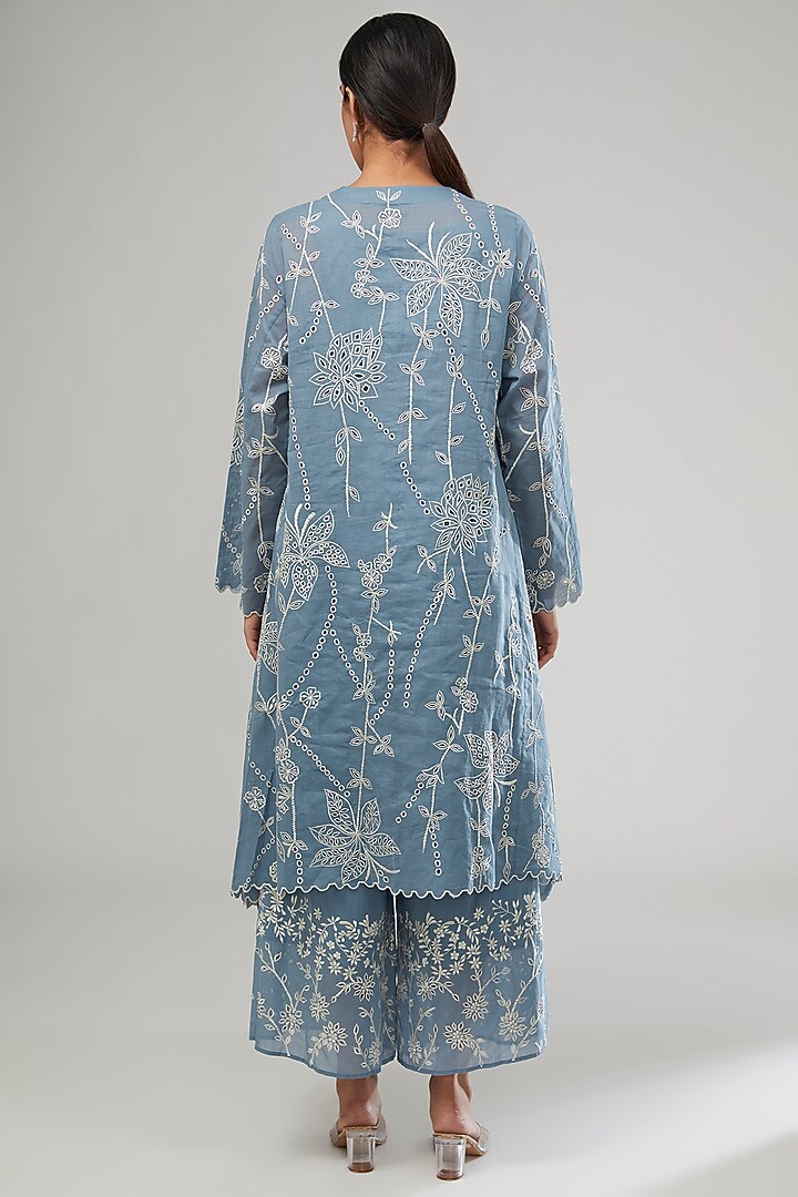 Blue Handloom Cotton Thread Embroidered Kurta by Peachoo at Pernia's Pop Up Shop