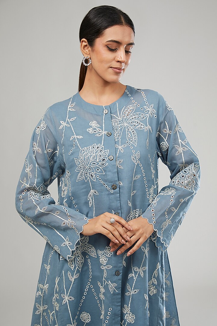 Blue Handloom Cotton Thread Embroidered Kurta by Peachoo at Pernia's Pop Up Shop