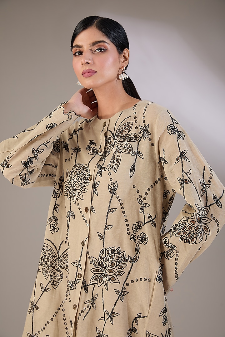 Beige Handloom Cotton Thread Embroidered Jacket Vacation Dress by Peachoo at Pernia's Pop Up Shop