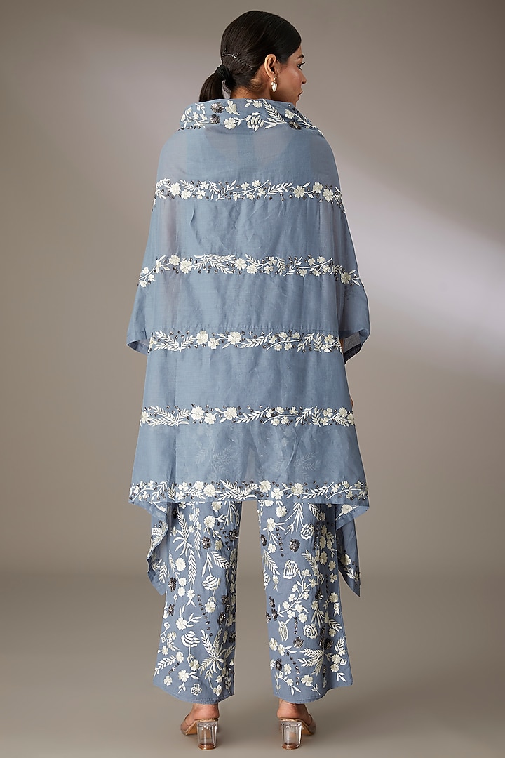 Blue Handloom Cotton Thread & Bead Embroidered Cape by Peachoo at Pernia's Pop Up Shop