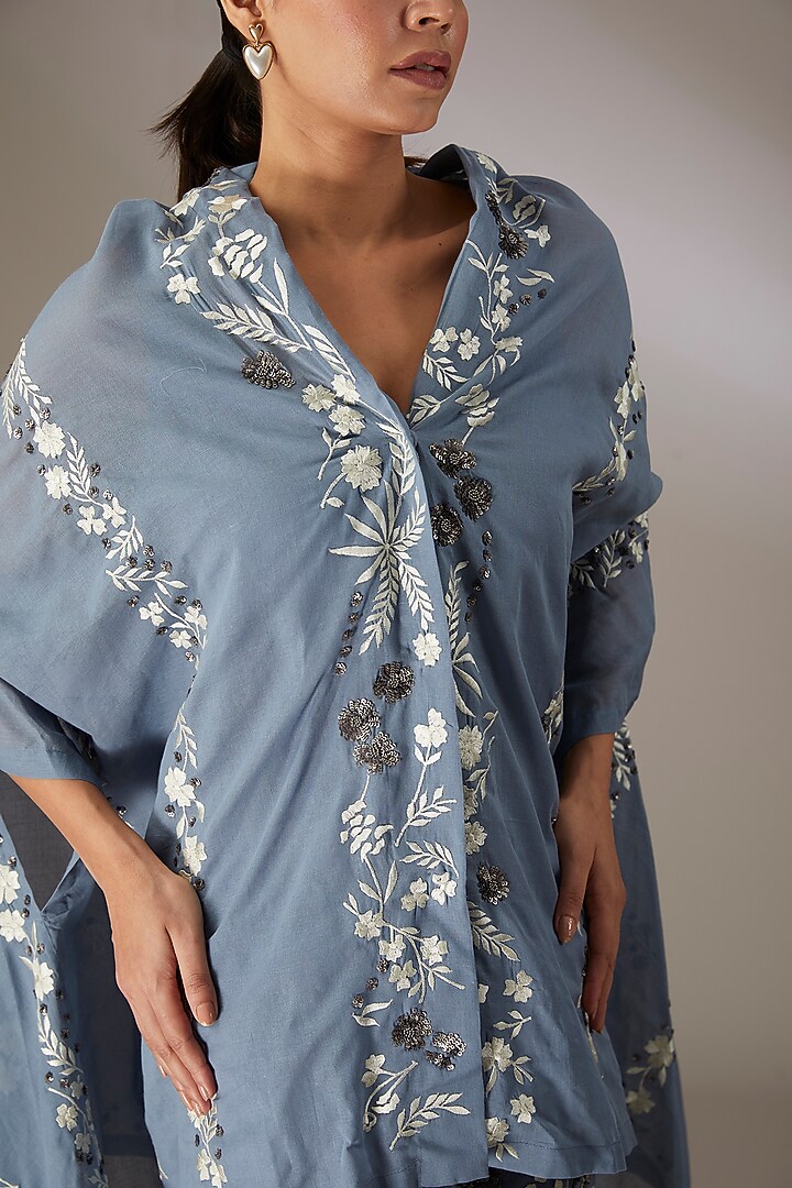 Blue Handloom Cotton Thread & Bead Embroidered Cape by Peachoo at Pernia's Pop Up Shop