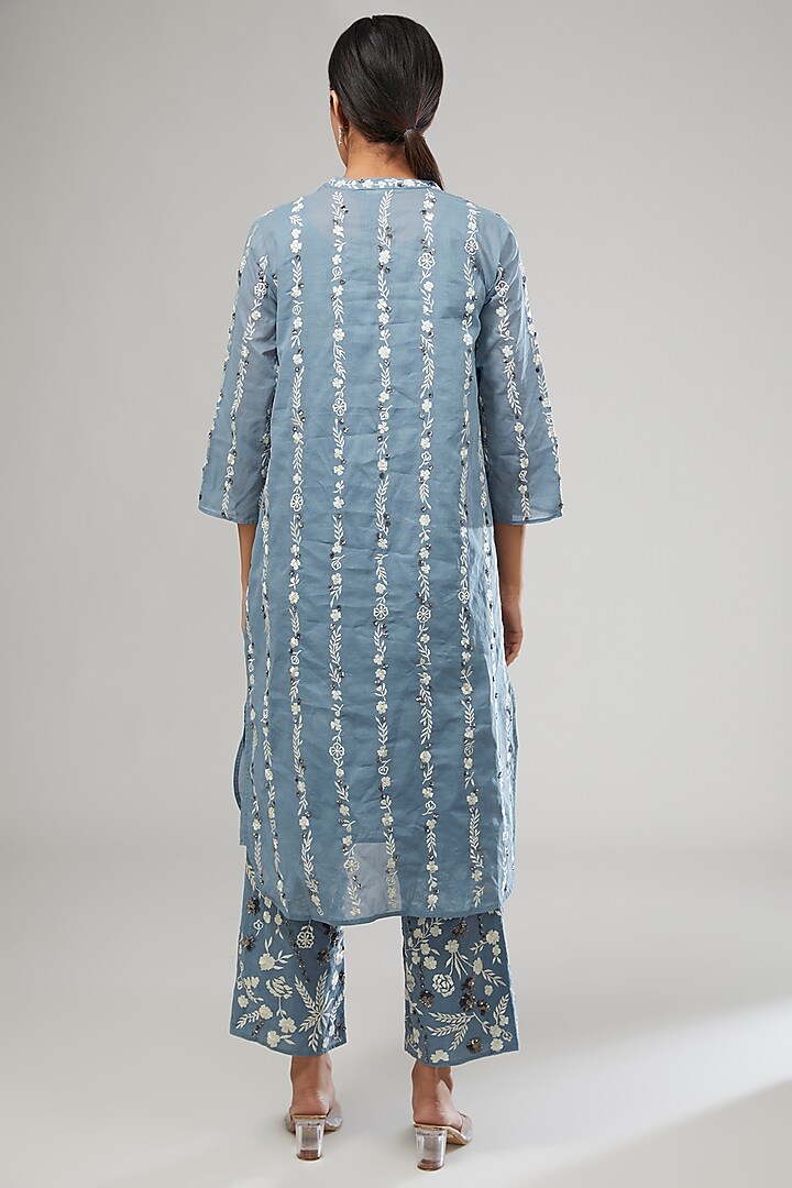Blue Handloom Cotton Thread & Bead Embroidered Pants by Peachoo at Pernia's Pop Up Shop