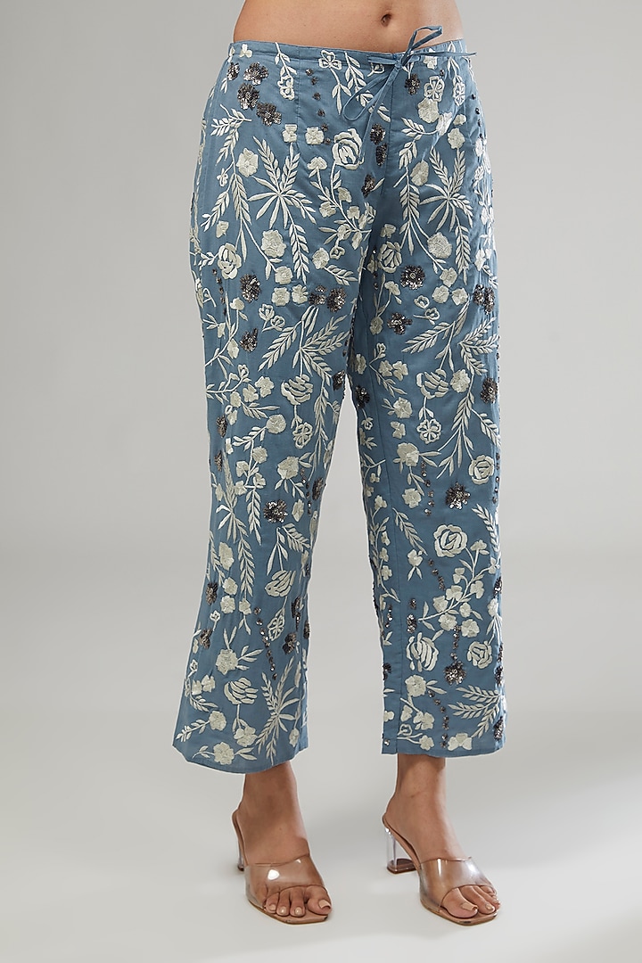 Blue Handloom Cotton Thread & Bead Embroidered Pants by Peachoo at Pernia's Pop Up Shop
