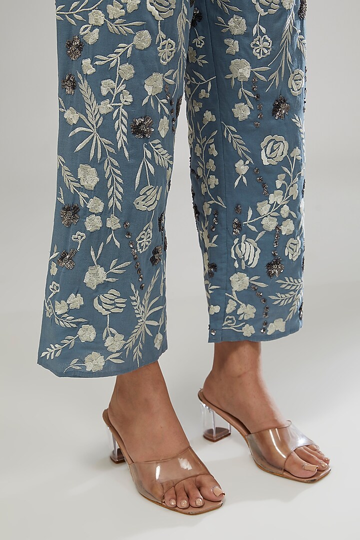 Blue Handloom Cotton Thread & Bead Embroidered Pants by Peachoo at Pernia's Pop Up Shop