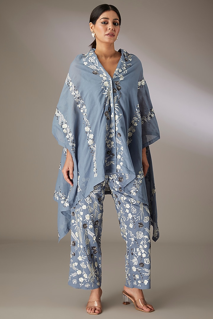 Blue Handloom Cotton Thread & Bead Embroidered Pants by Peachoo at Pernia's Pop Up Shop