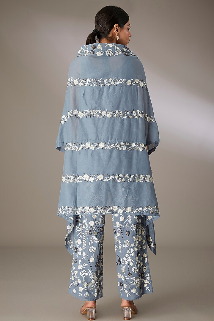 Blue Handloom Cotton Thread & Bead Embroidered Pants by Peachoo at Pernia's Pop Up Shop
