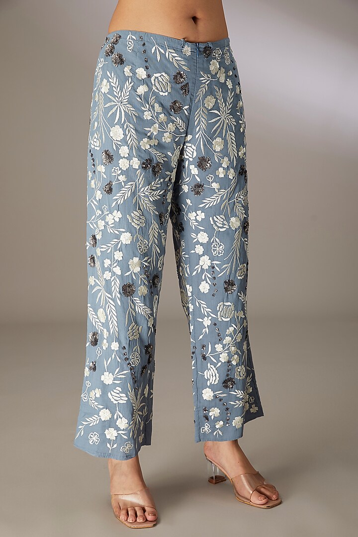 Blue Handloom Cotton Thread & Bead Embroidered Pants by Peachoo at Pernia's Pop Up Shop