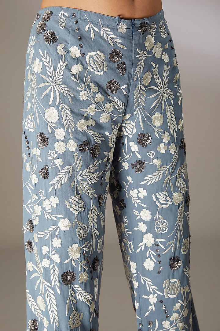 Blue Handloom Cotton Thread & Bead Embroidered Pants by Peachoo at Pernia's Pop Up Shop