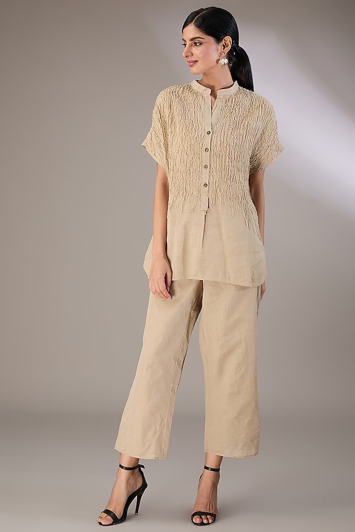 Beige Handloom Cotton Embroidered Top by Peachoo at Pernia's Pop Up Shop