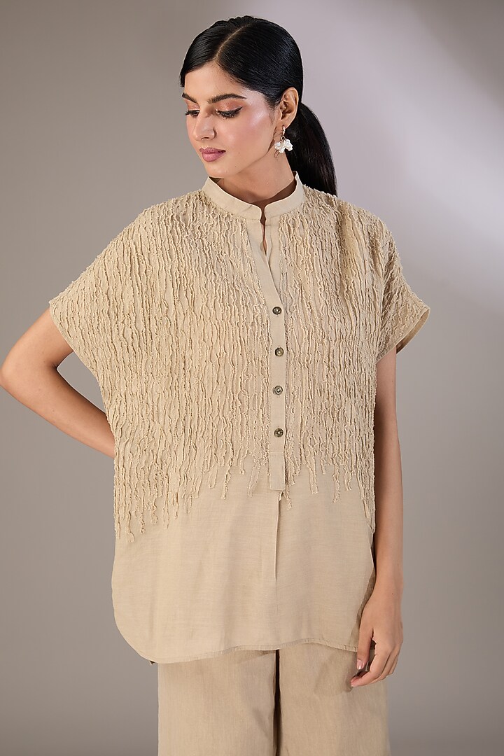 Beige Handloom Cotton Embroidered Top by Peachoo at Pernia's Pop Up Shop