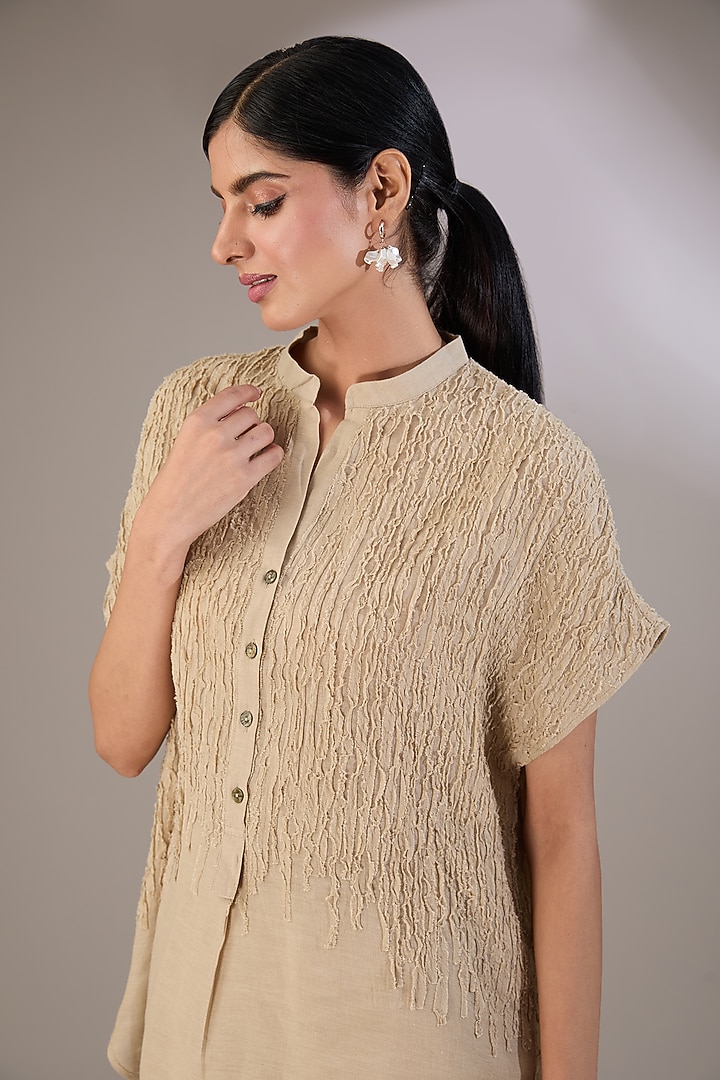 Beige Handloom Cotton Embroidered Top by Peachoo at Pernia's Pop Up Shop