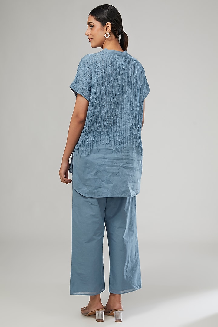 Blue Handloom Cotton Embroidered Top by Peachoo at Pernia's Pop Up Shop