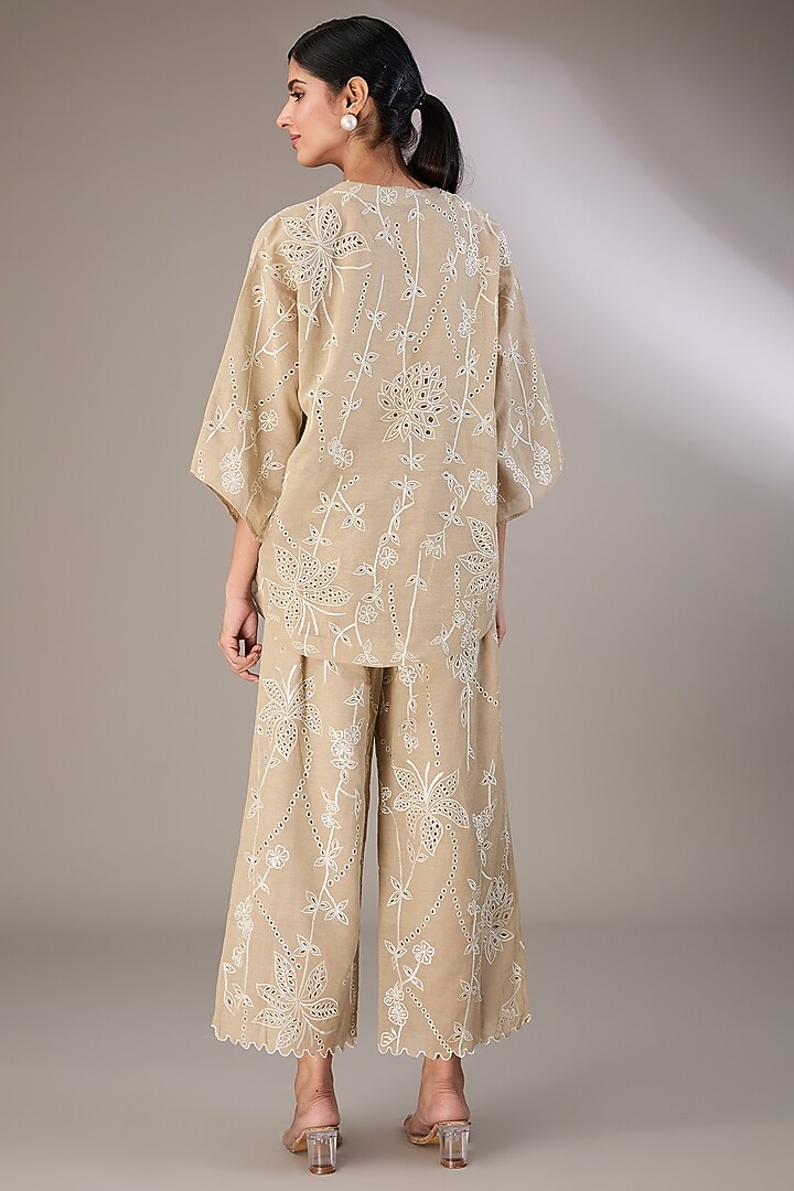 Beige Handloom Cotton Thread Embroidered Top by Peachoo at Pernia's Pop Up Shop