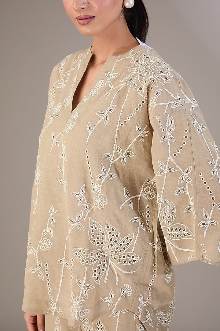 Beige Handloom Cotton Thread Embroidered Top by Peachoo at Pernia's Pop Up Shop