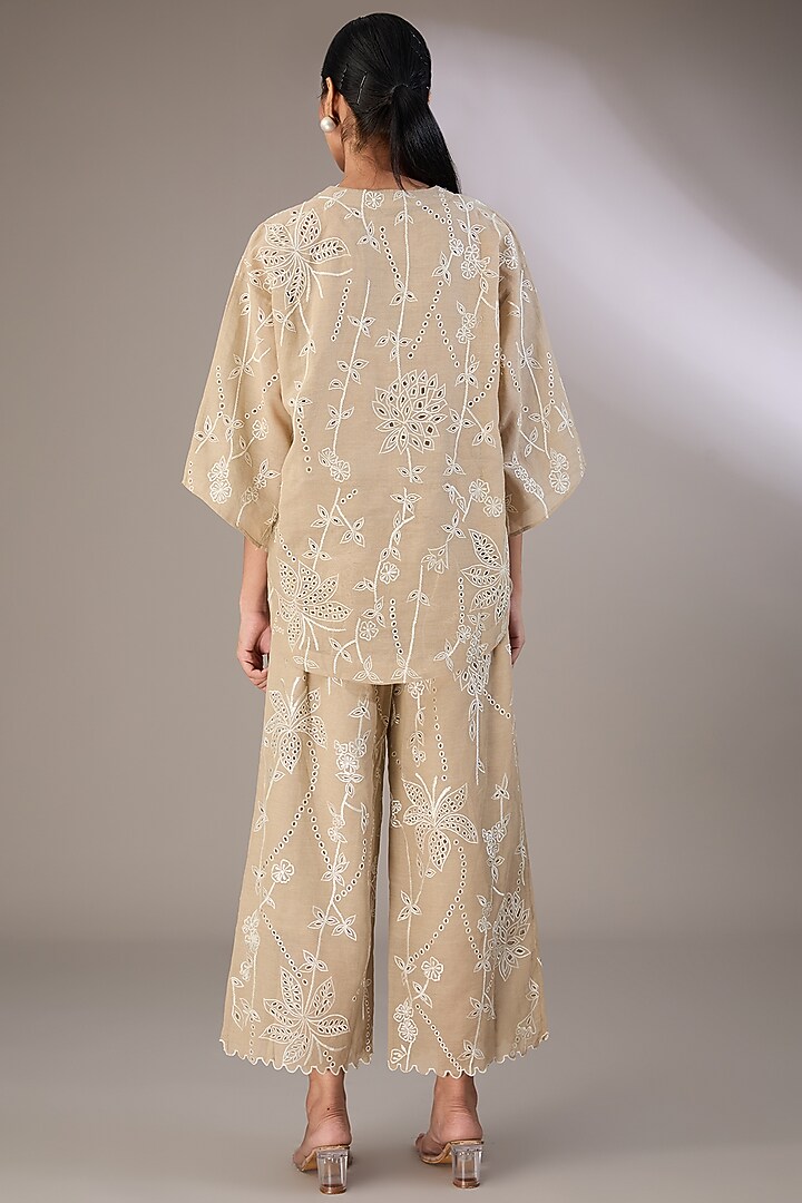Beige Handloom Cotton Thread Embroidered Pants by Peachoo at Pernia's Pop Up Shop