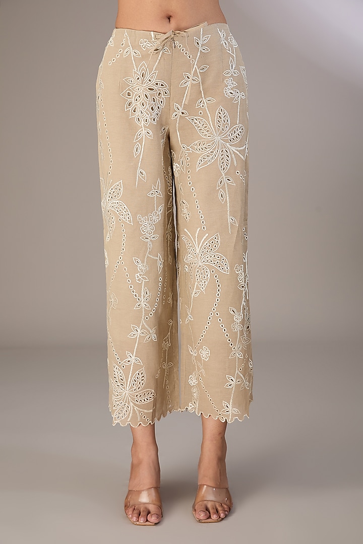 Beige Handloom Cotton Thread Embroidered Pants by Peachoo at Pernia's Pop Up Shop
