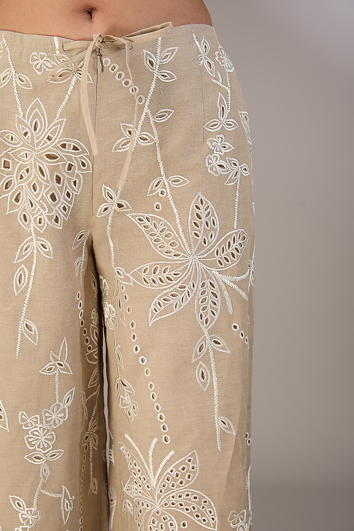 Beige Handloom Cotton Thread Embroidered Pants by Peachoo at Pernia's Pop Up Shop