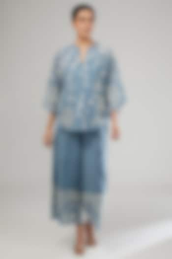 Blue Handloom Cotton Thread Embroidered Top by Peachoo at Pernia's Pop Up Shop