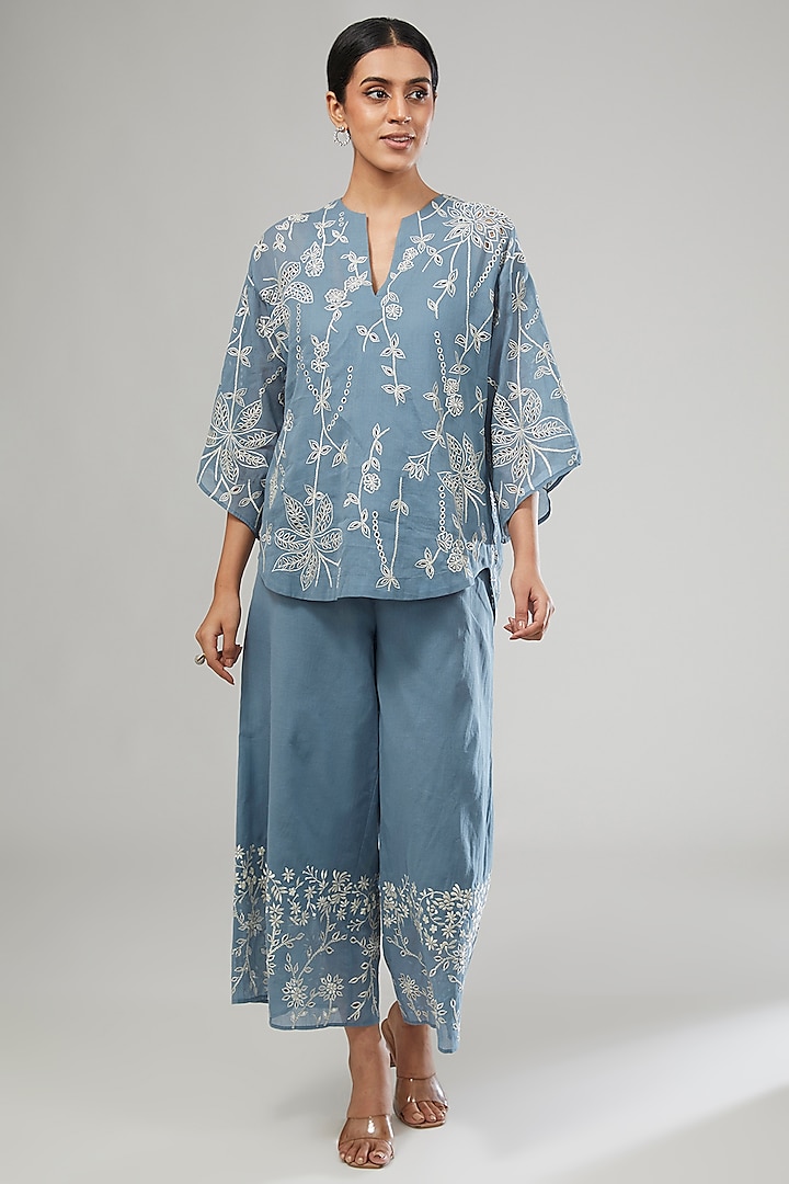 Blue Handloom Cotton Thread Embroidered Top by Peachoo at Pernia's Pop Up Shop