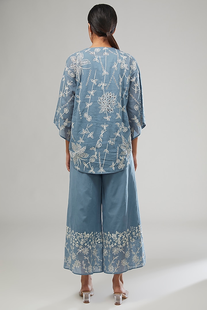 Blue Handloom Cotton Thread Embroidered Top by Peachoo at Pernia's Pop Up Shop