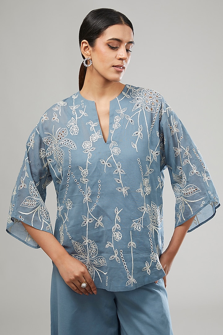 Blue Handloom Cotton Thread Embroidered Top by Peachoo at Pernia's Pop Up Shop