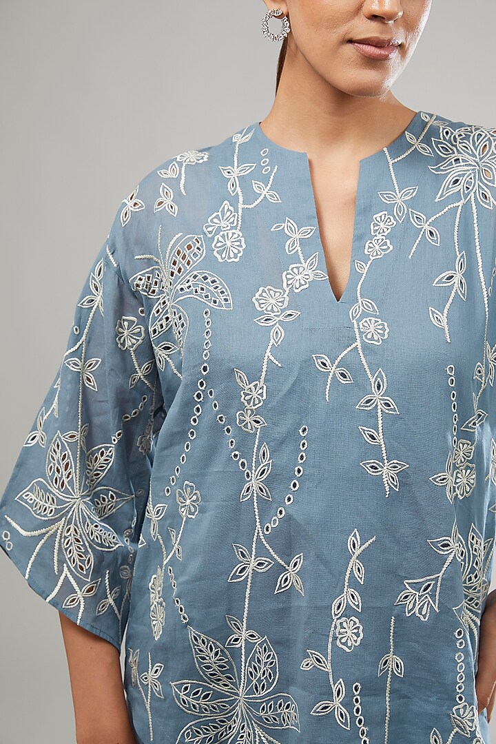 Blue Handloom Cotton Thread Embroidered Top by Peachoo at Pernia's Pop Up Shop