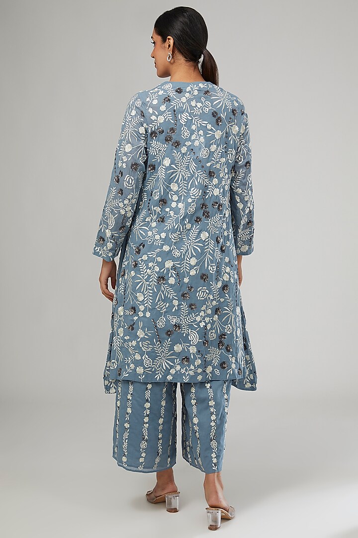 Blue Handloom Cotton Thread & Bead Embroidered Pants by Peachoo at Pernia's Pop Up Shop