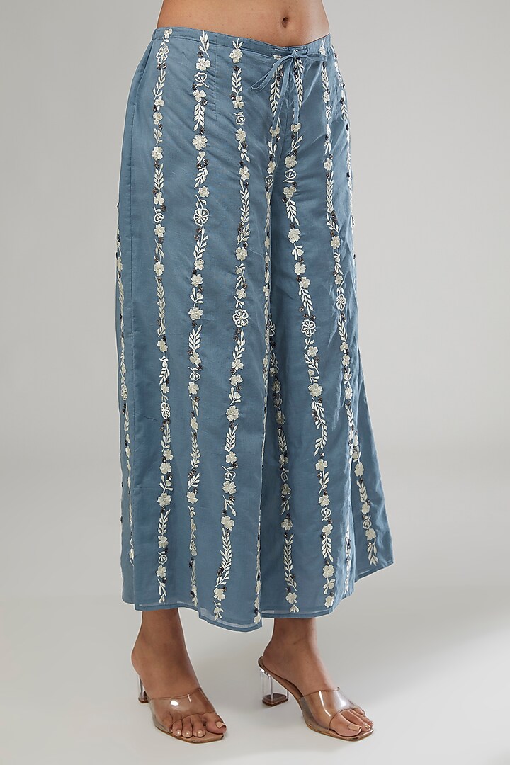 Blue Handloom Cotton Thread & Bead Embroidered Pants by Peachoo at Pernia's Pop Up Shop