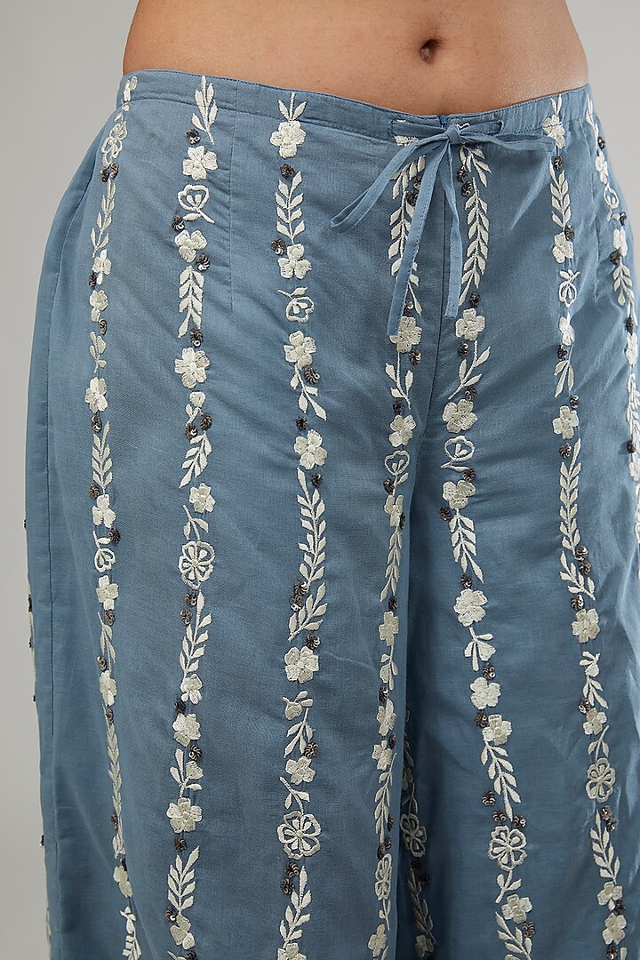 Blue Handloom Cotton Thread & Bead Embroidered Pants by Peachoo at Pernia's Pop Up Shop