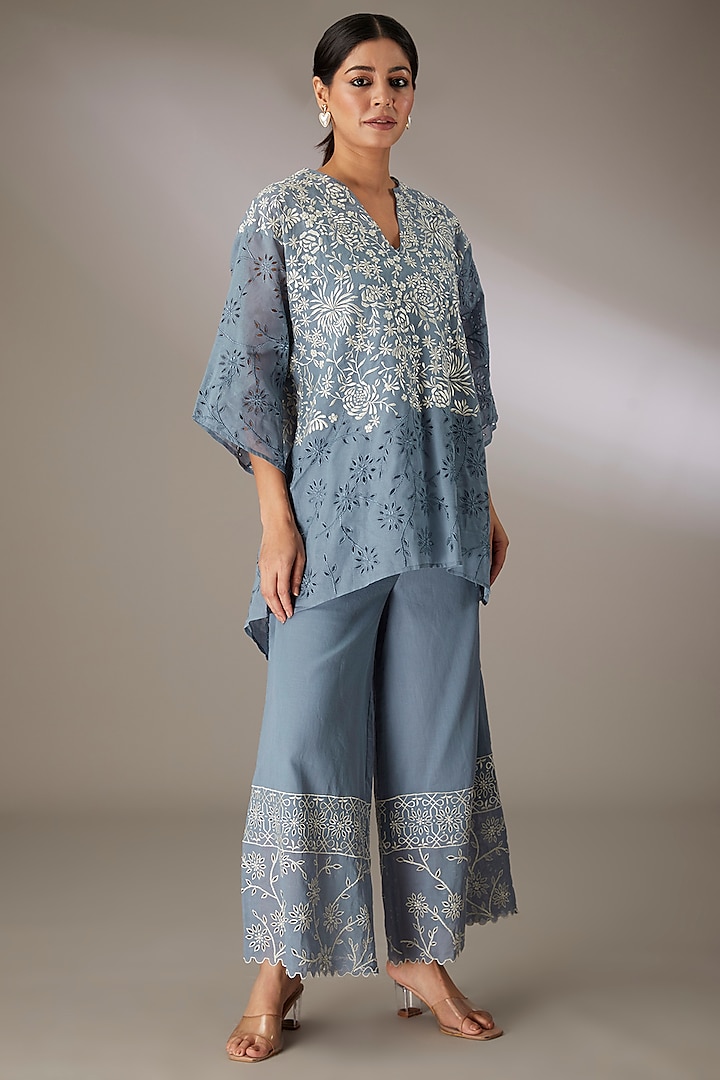 Blue Handloom Cotton Thread & Cutwork Embroidered Top by Peachoo at Pernia's Pop Up Shop