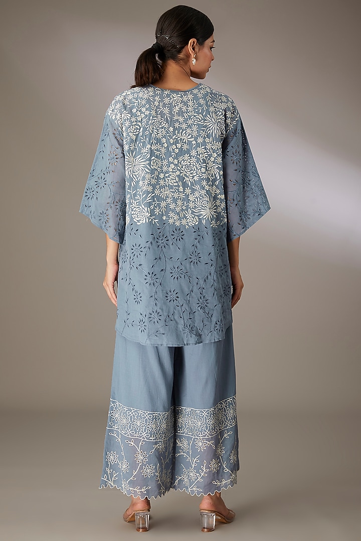 Blue Handloom Cotton Thread & Cutwork Embroidered Top by Peachoo at Pernia's Pop Up Shop