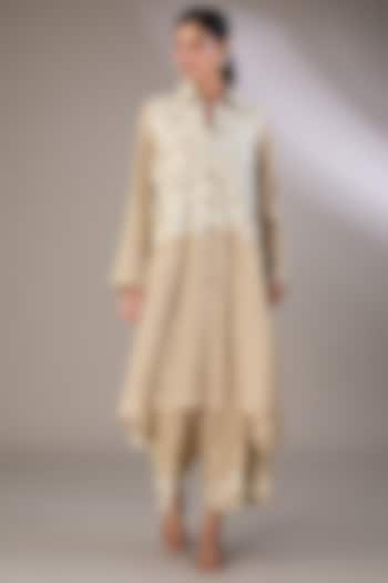 Beige Handloom Cotton Cutwork & Thread Embroidered Jacket by Peachoo at Pernia's Pop Up Shop