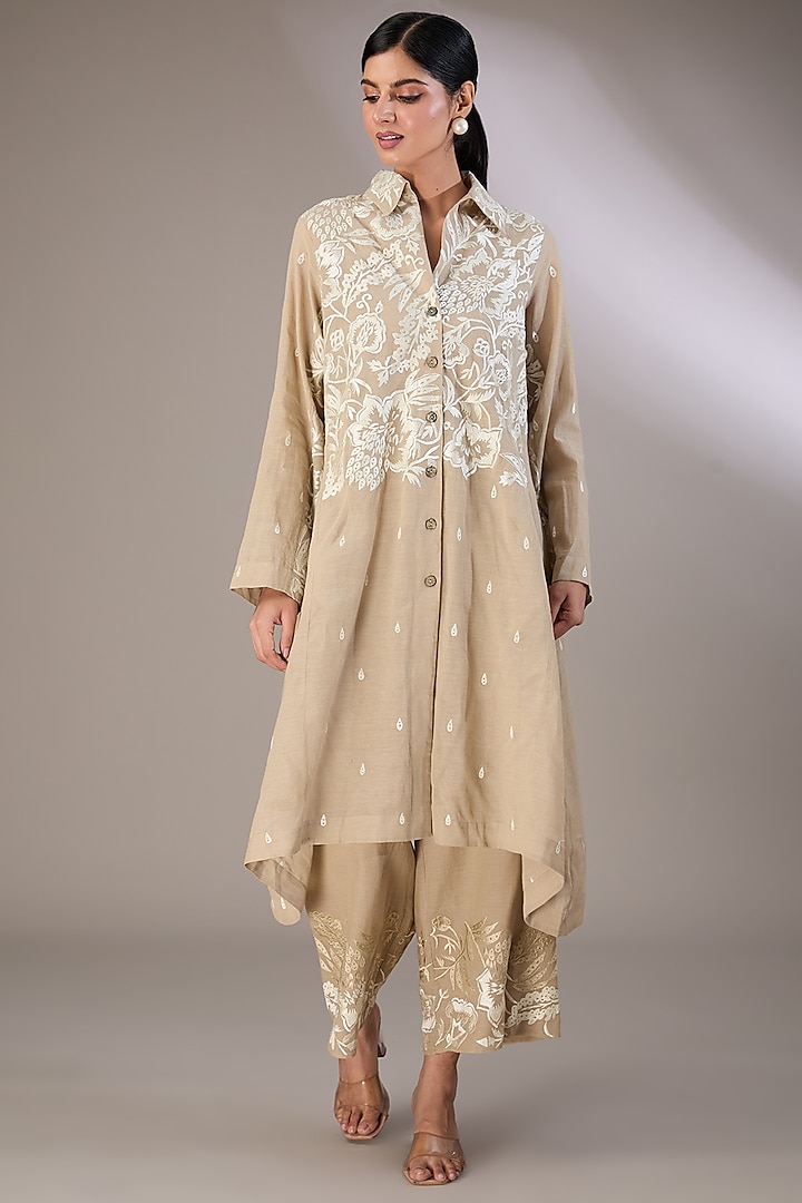 Beige Handloom Cotton Cutwork & Thread Embroidered Jacket by Peachoo at Pernia's Pop Up Shop