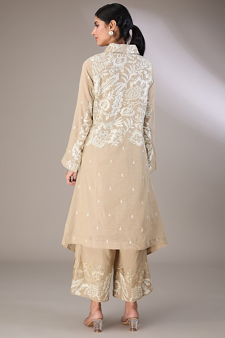 Beige Handloom Cotton Cutwork & Thread Embroidered Kurta by Peachoo at Pernia's Pop Up Shop