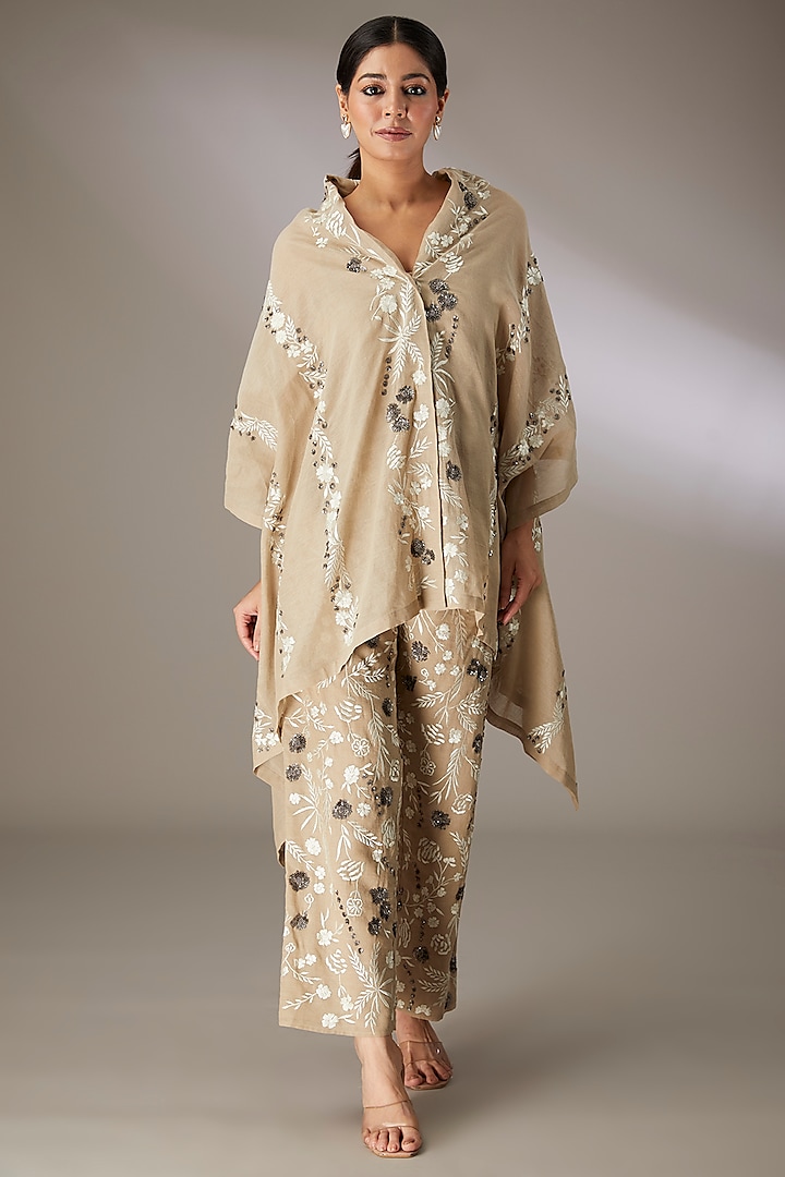 Beige Handloom Cotton Thread & Bead Embroidered Cape by Peachoo at Pernia's Pop Up Shop