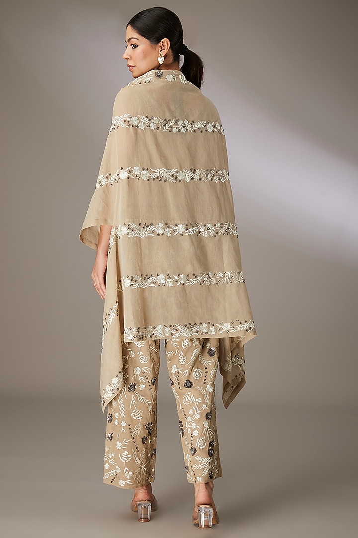 Beige Handloom Cotton Thread & Bead Embroidered Cape by Peachoo at Pernia's Pop Up Shop