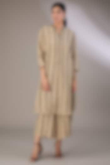 Beige Handloom Cotton Thread & Bead Embroidered Tunic by Peachoo at Pernia's Pop Up Shop