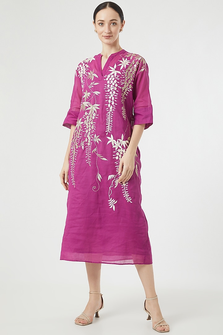 Purple Embroidered Dress With Tunic by Peachoo
