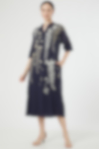 Midnight Blue Pure Cotton Thread Embroidered Summer Dress by Peachoo at Pernia's Pop Up Shop