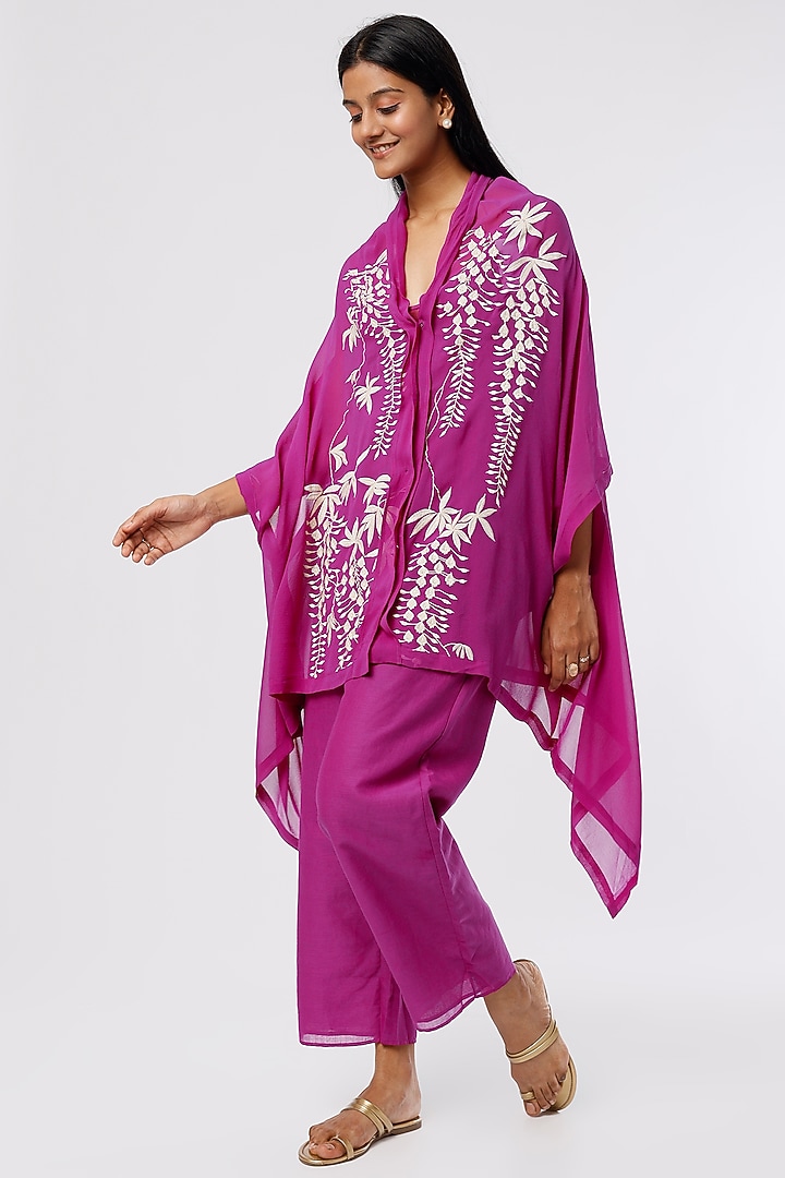 Magenta Silk Georgette Thread Embroidered Cape Set by Peachoo at Pernia's Pop Up Shop