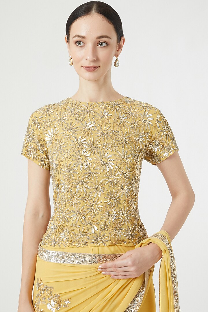 Gold Cotton Sequins Embroidered Blouse by Peachoo at Pernia's Pop Up Shop
