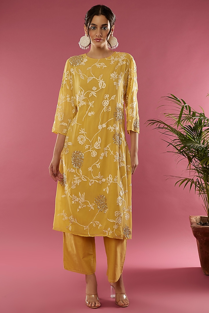 Yellow Silk Georgette Bead Embellished Kurta Set by Peachoo at Pernia's Pop Up Shop