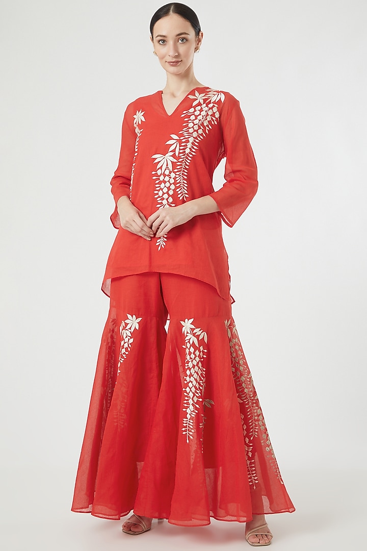 Red Silk Georgette Embroidered Sharara Set by Peachoo