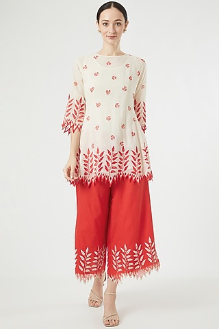 Red Cotton Embroidered Pants by Peachoo