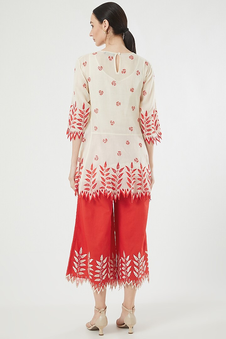 Red Cotton Embroidered Pants by Peachoo at Pernia's Pop Up Shop