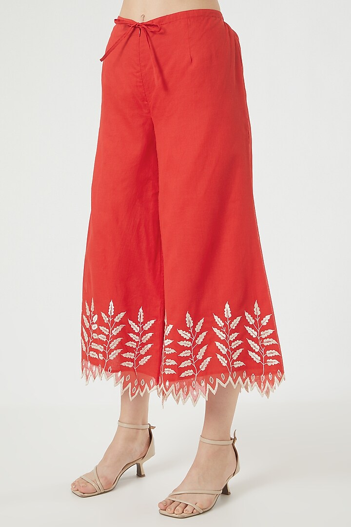 Red Cotton Embroidered Pants by Peachoo at Pernia's Pop Up Shop