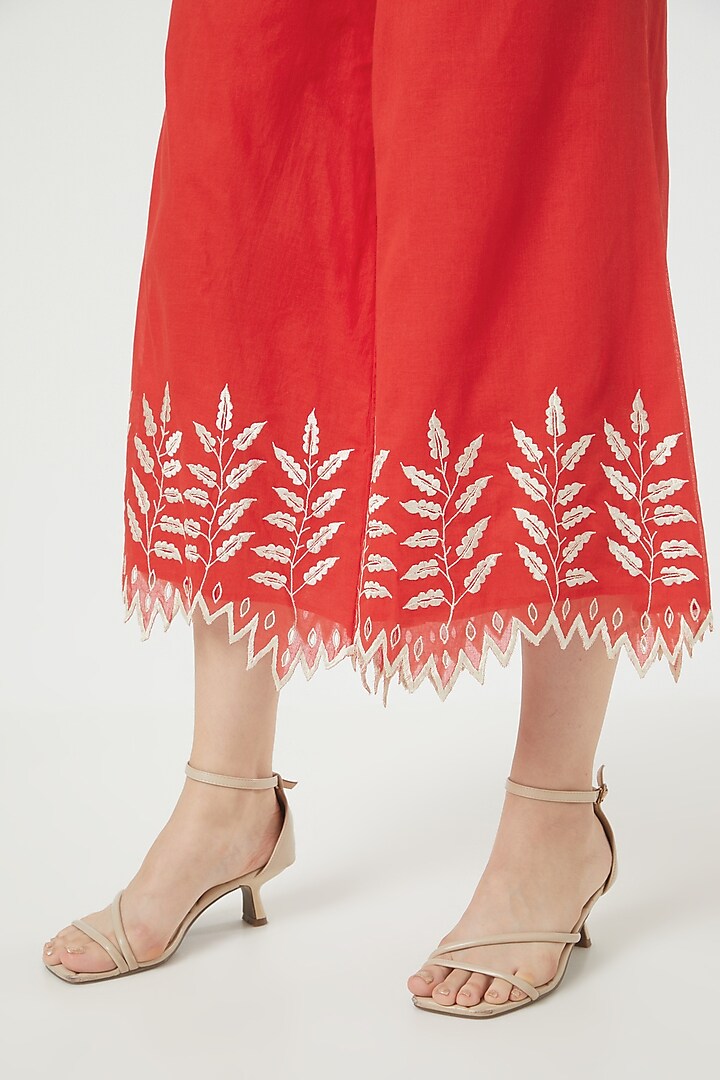 Red Cotton Embroidered Pants by Peachoo at Pernia's Pop Up Shop