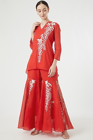 Red Cotton Embroidered Sharara Pants by Peachoo